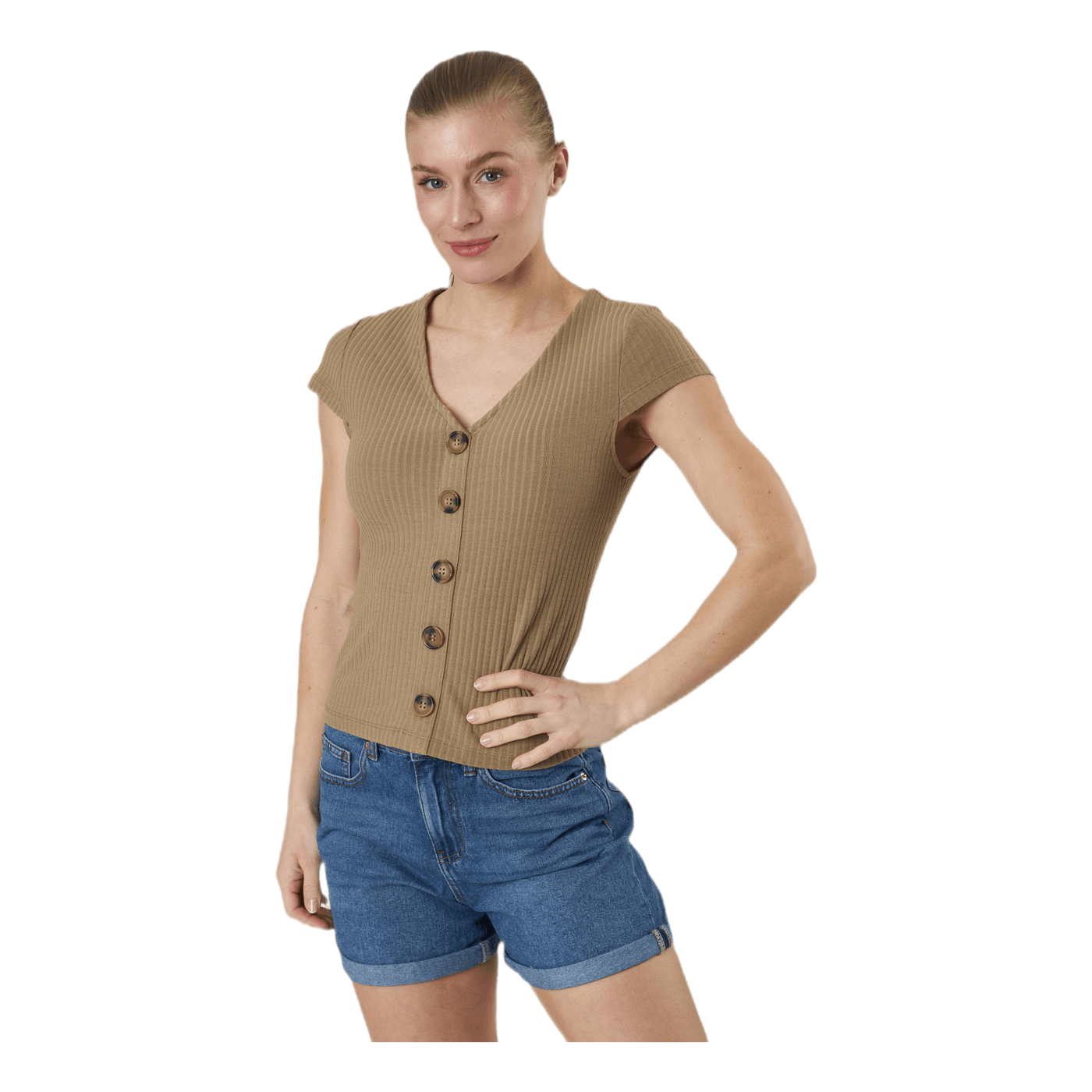 Nella S/S Button Top Jrs Beige